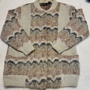 Men’s Vintage Chunky Knit Cardigan Sweater Chevron Zig Zag Unisex M